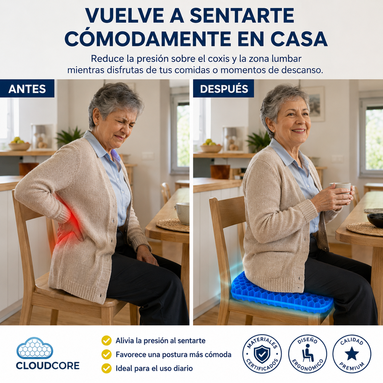 Cojín Ergonómico de Gel CloudCore™ | Alivio de coxis, lumbares y ciática